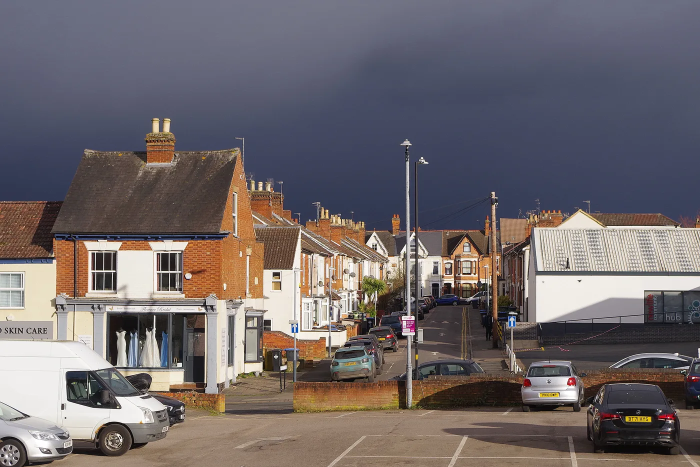 Terraced houses on Charlotte Street, seen from Railway Terrace car park, Rugby